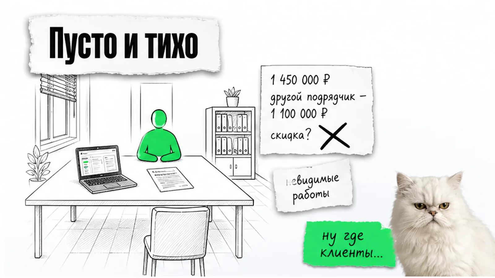 Пустая переговорная с одной сметой и экраном старой системы, рядом скептичный кот.