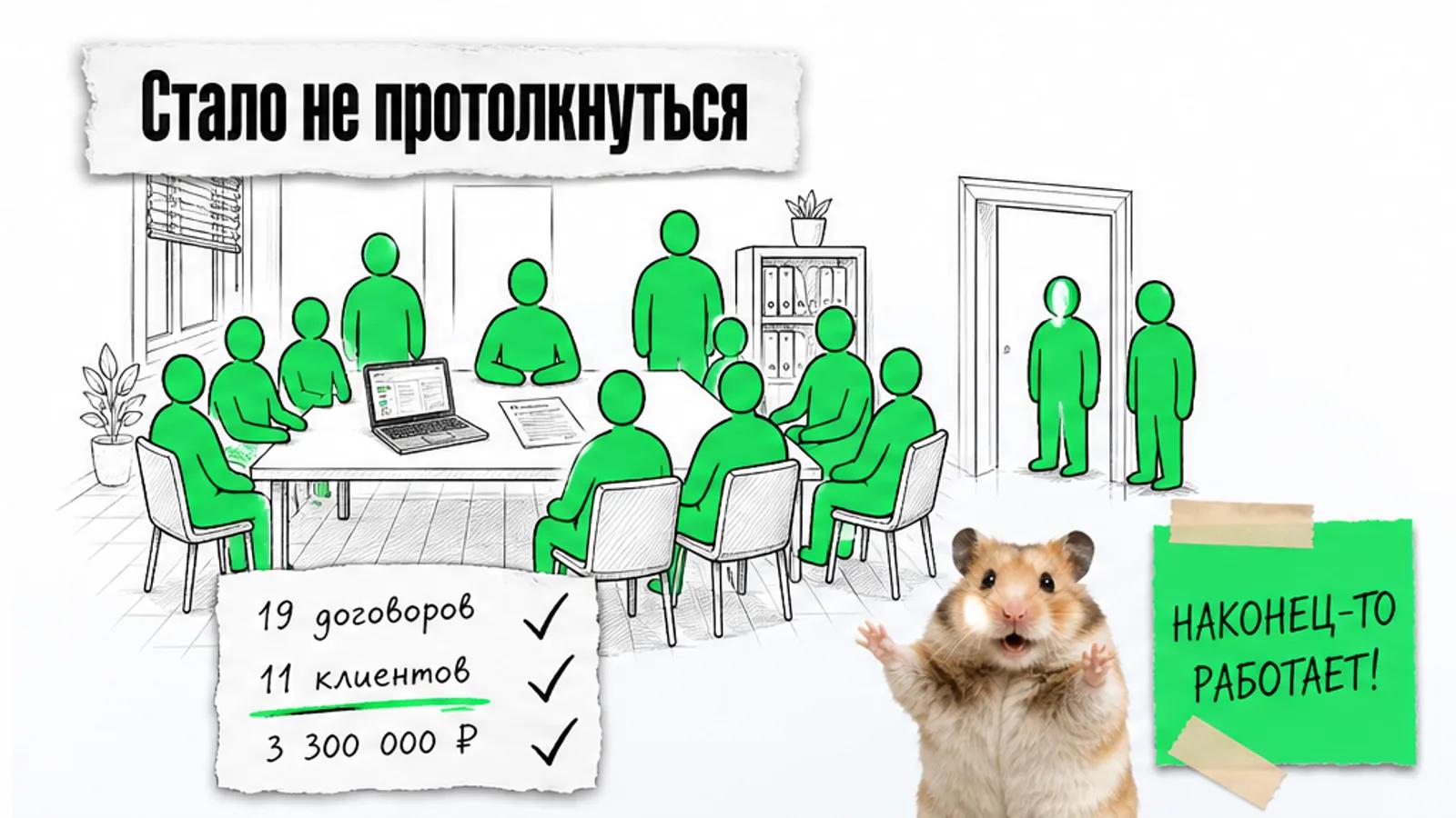 Та же переговорная заполнена людьми, рядом карточки с 19 договорами и 11 клиентами и торжествующий хомяк.