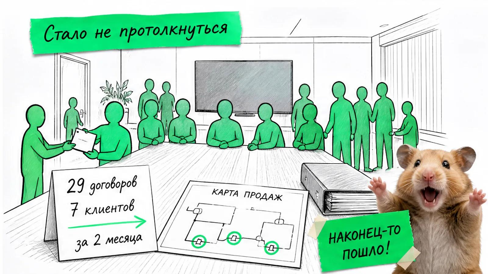 Та же переговорная заполнена людьми, рядом стоят числа 29 договоров и 7 клиентов.