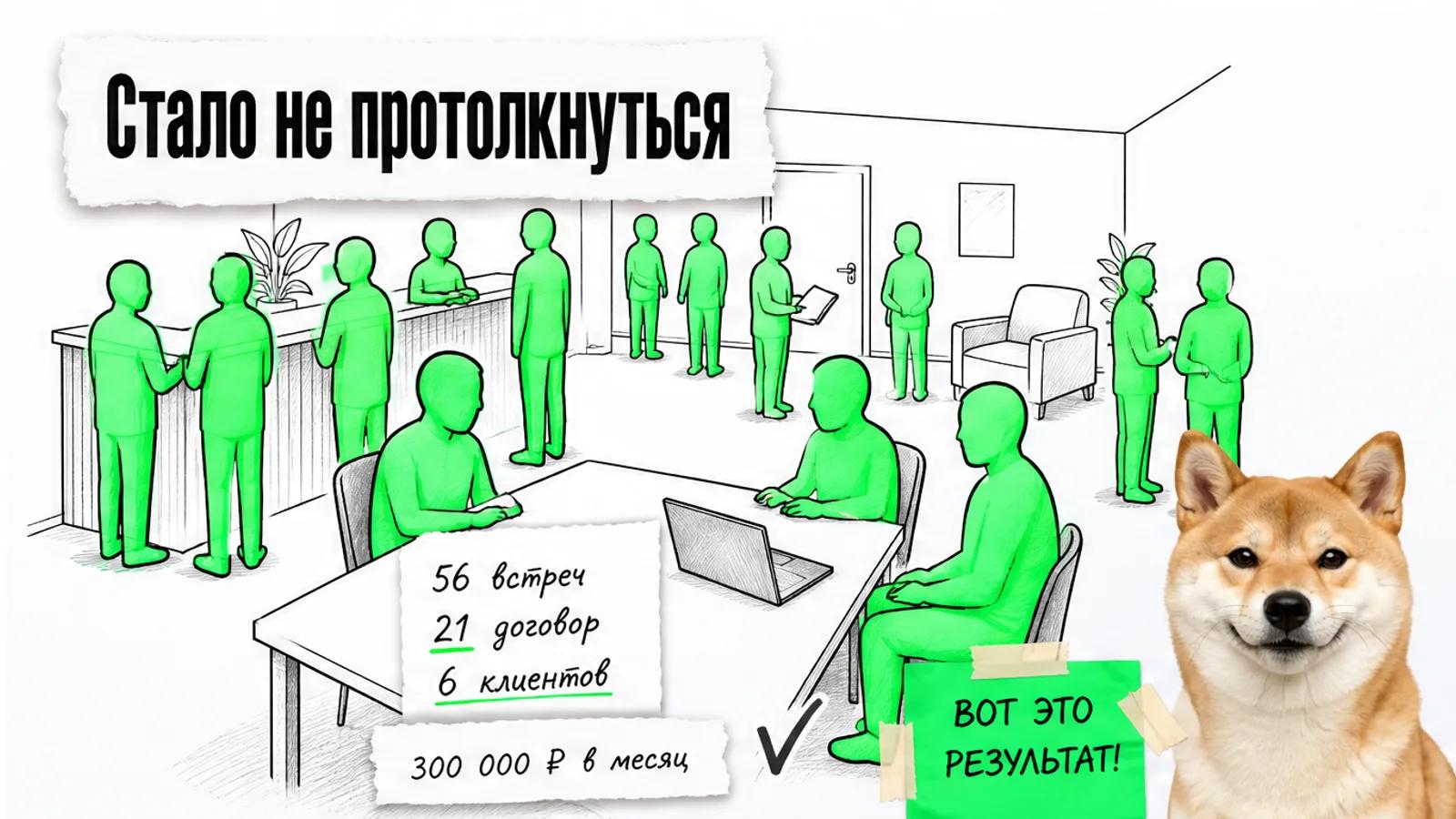 Та же переговорная теперь заполнена людьми, рядом торжествующий хомяк и карточки с результатами.