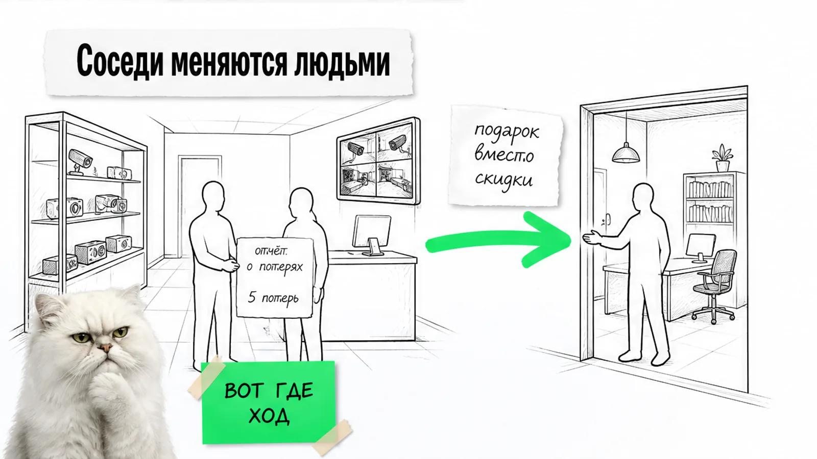 Магазин и соседний офис соединены зелёной стрелкой, между ними идут силуэты людей и кот с лапой у подбородка.