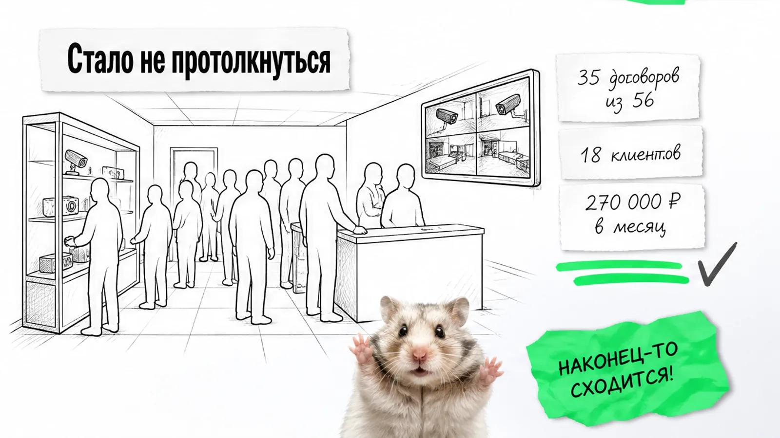 Тот же магазин заполнен людьми, рядом карточки с результатами 35 договоров, 18 клиентов и 270 тысяч рублей.