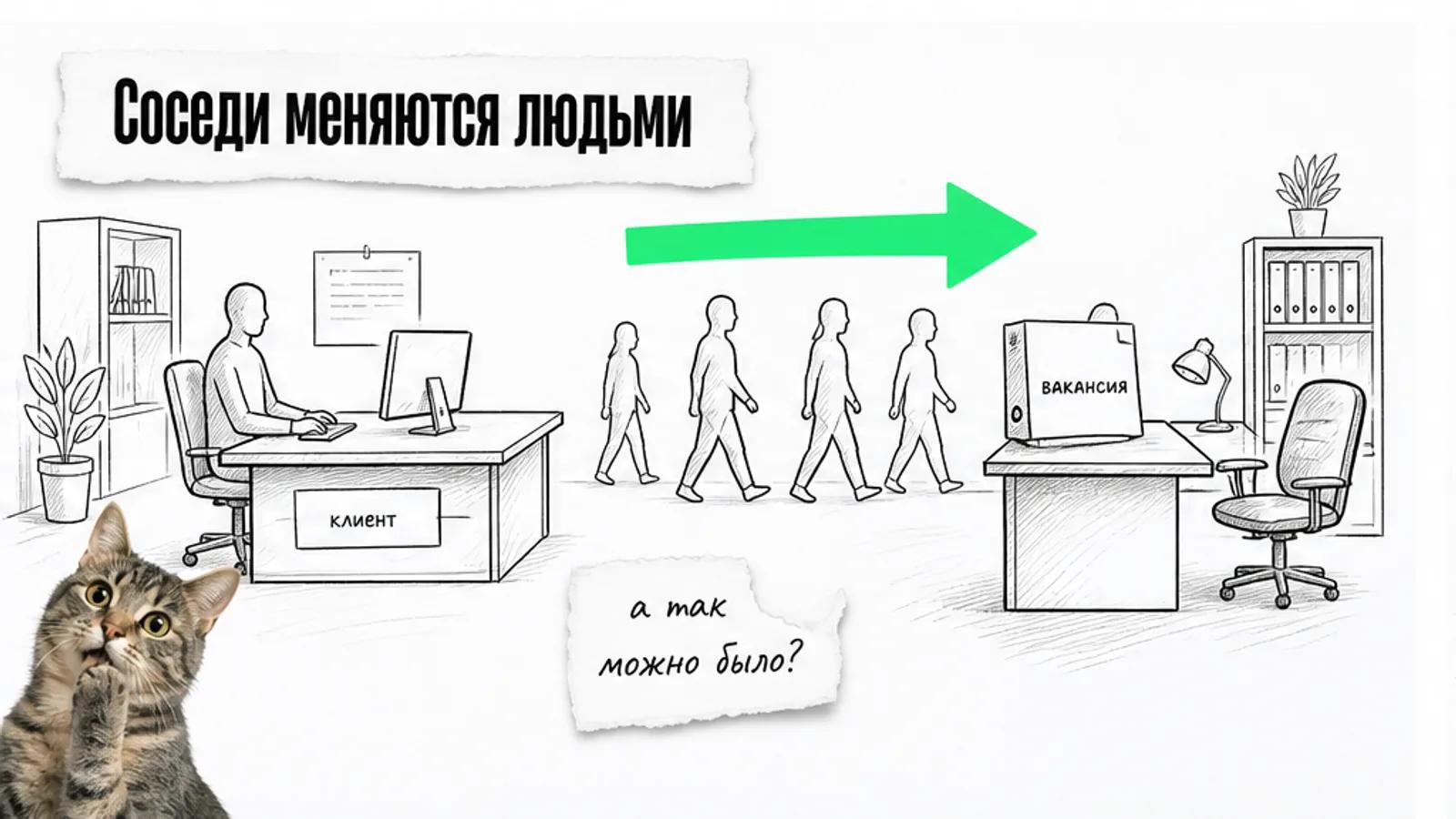 Два соседних рабочих пространства соединены зелёной стрелкой, люди переходят между ними.