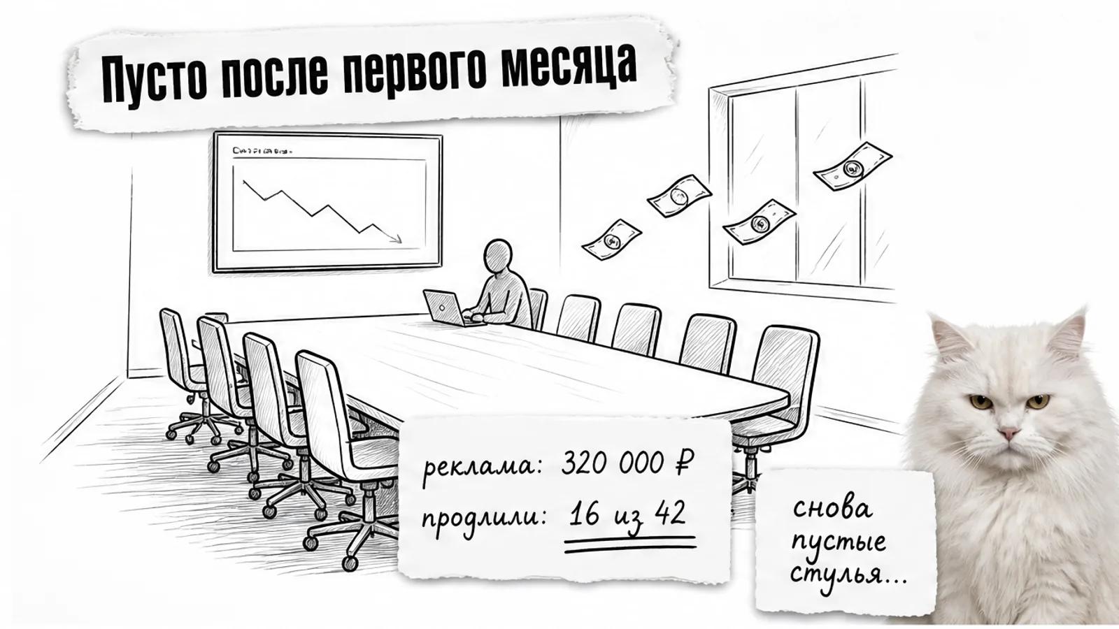 Пустая переговорка агентства с одним менеджером и карточкой «продлили 16 из 42», рядом насупленный белый кот