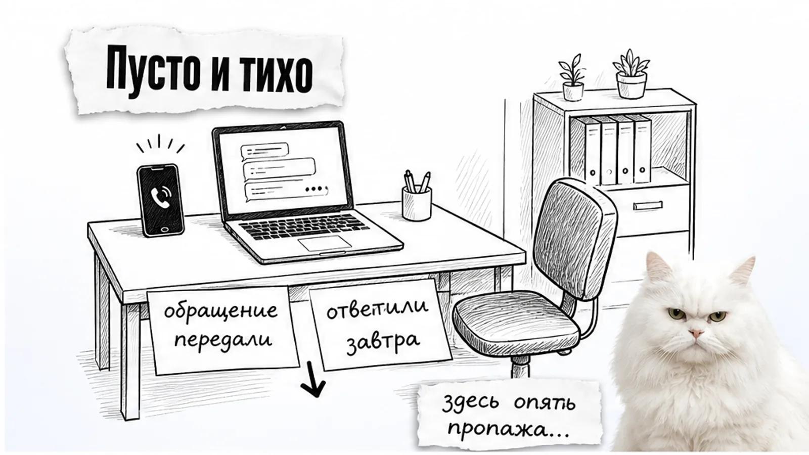 Пустое рабочее место с перепиской и одной незавершённой заявкой, рядом скептичный белый кот.