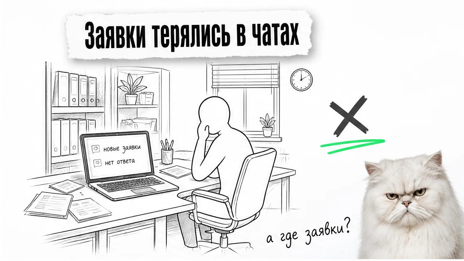 В пустом рабочем кабинете владелец магазина смотрит на чаты и таблицу с необработанными заявками.