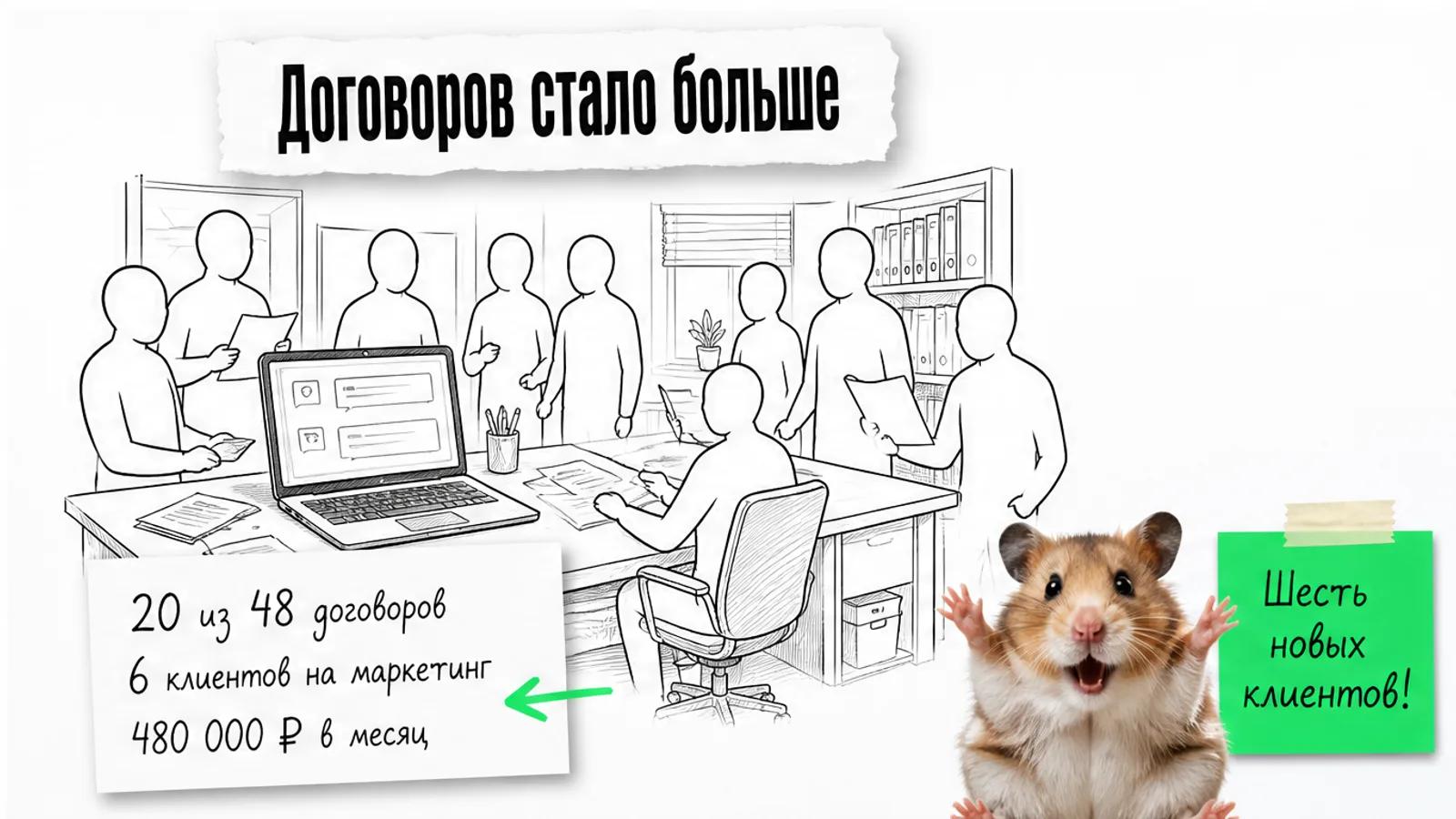 Тот же рабочий кабинет заполнен людьми; рядом указаны результаты: 20 договоров и 6 новых клиентов.