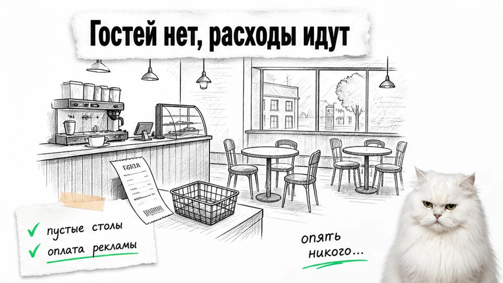 Пустая кофейня с оплаченной рекламой и скептически настроенным белым котом.
