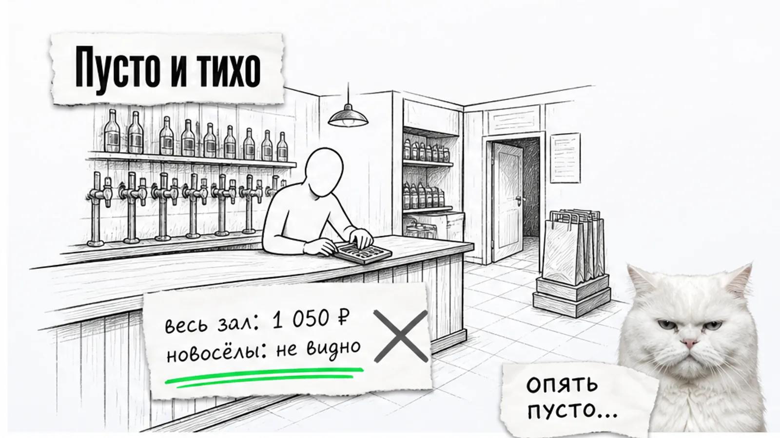 Пустой зал магазина с прилавком, бутылками и одним силуэтом владельца, рядом скептичный кот