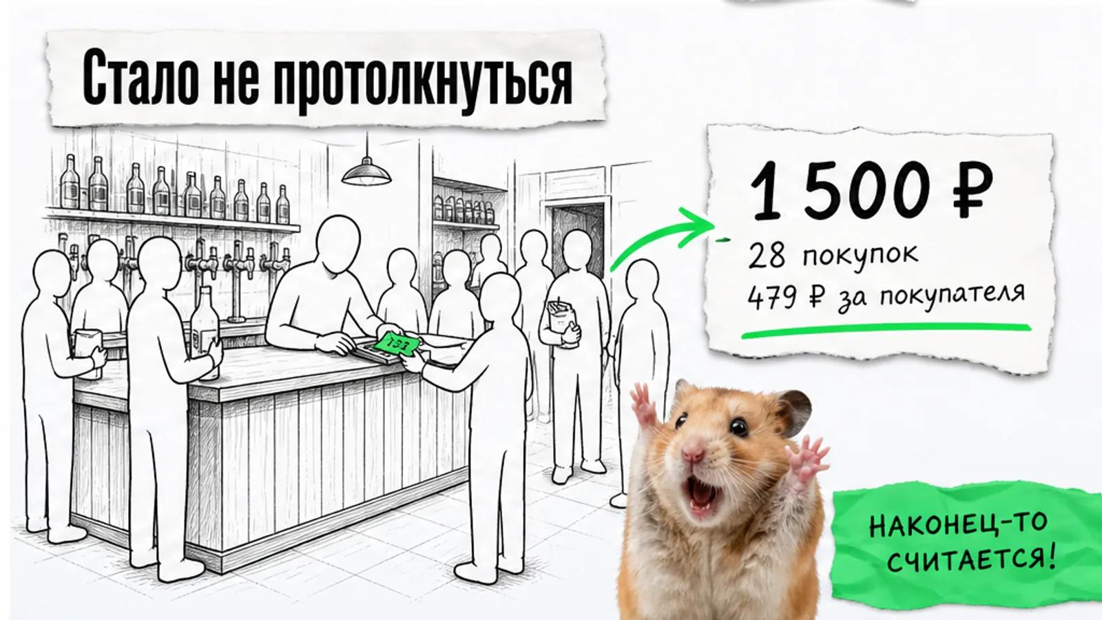 Тот же зал магазина заполнен людьми, рядом карточка с чеком 1 500 рублей и торжествующий хомяк
