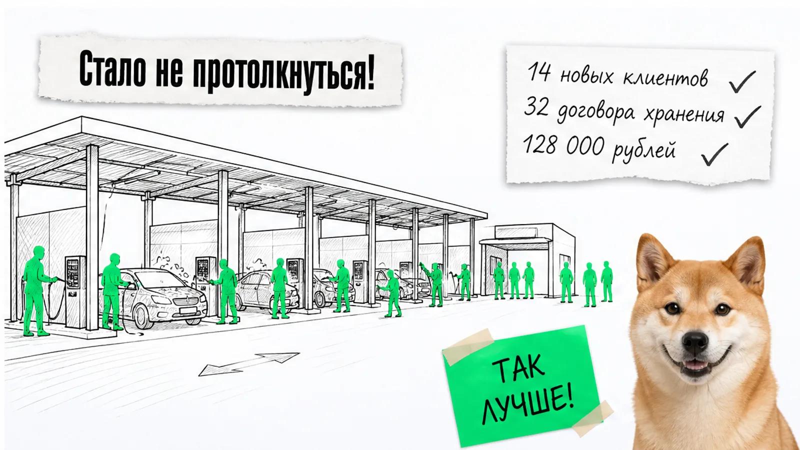 Те же боксы автомойки заполнены людьми, рядом кот с поднятой лапой и карточка с результатами.
