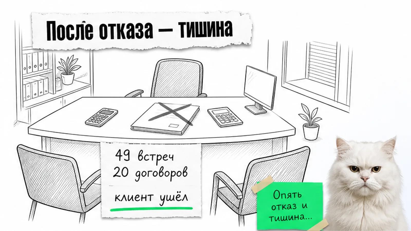 Пустой кабинет агентства с одним столом, бумагами об ипотеке и скептичным котом.