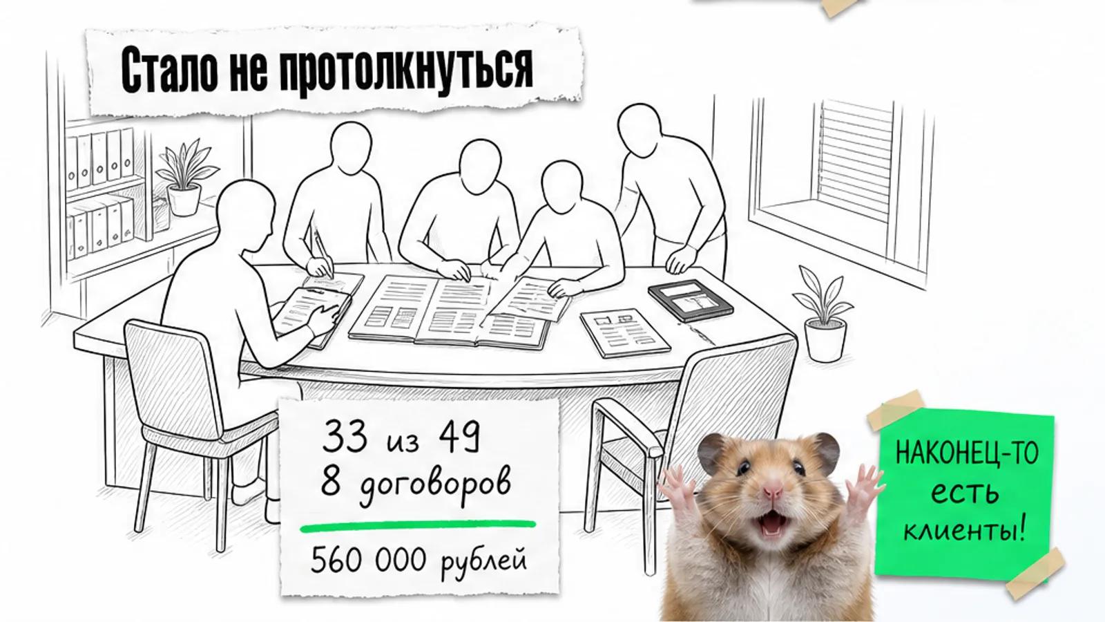 Тот же кабинет заполнен людьми, рядом карточка с результатами 33 из 49 и 8 договоров.