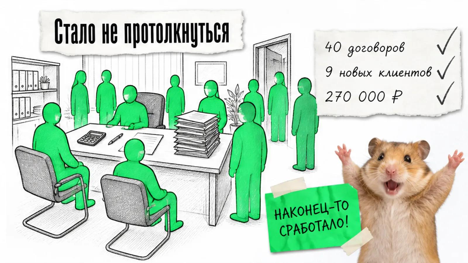 Тот же кабинет теперь заполнен клиентами, рядом хомяк с поднятыми лапами и карточка с результатами.
