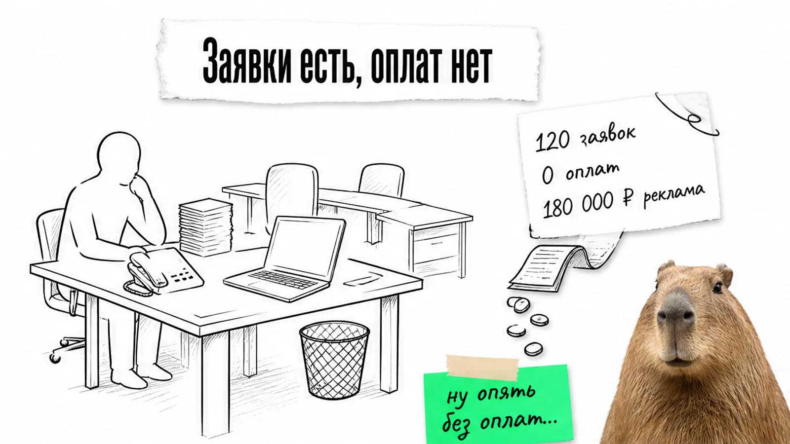 В тихом офисе онлайн-школы владелец видит заявки без оплат и рекламный расход.
