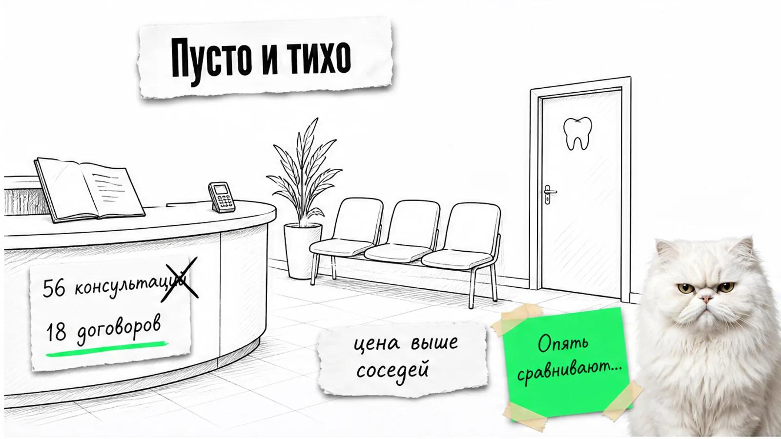 Пустая стойка стоматологической клиники с креслами, папкой плана лечения и скептичным котом.