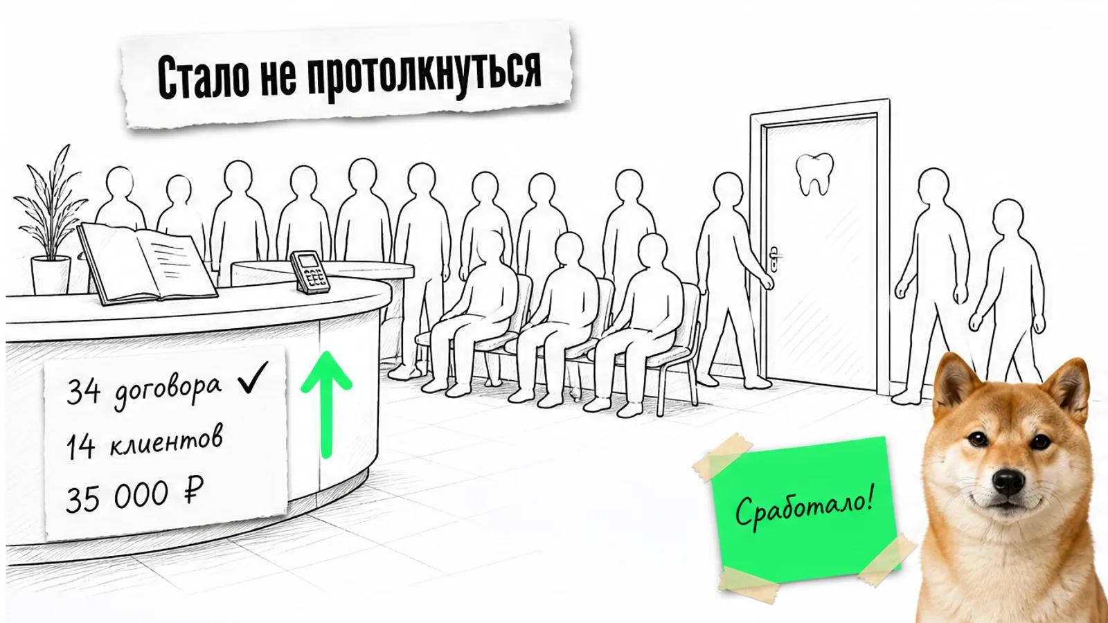 Та же стойка клиники заполнена людьми, рядом карточки с результатами и торжествующий сиба-ину.