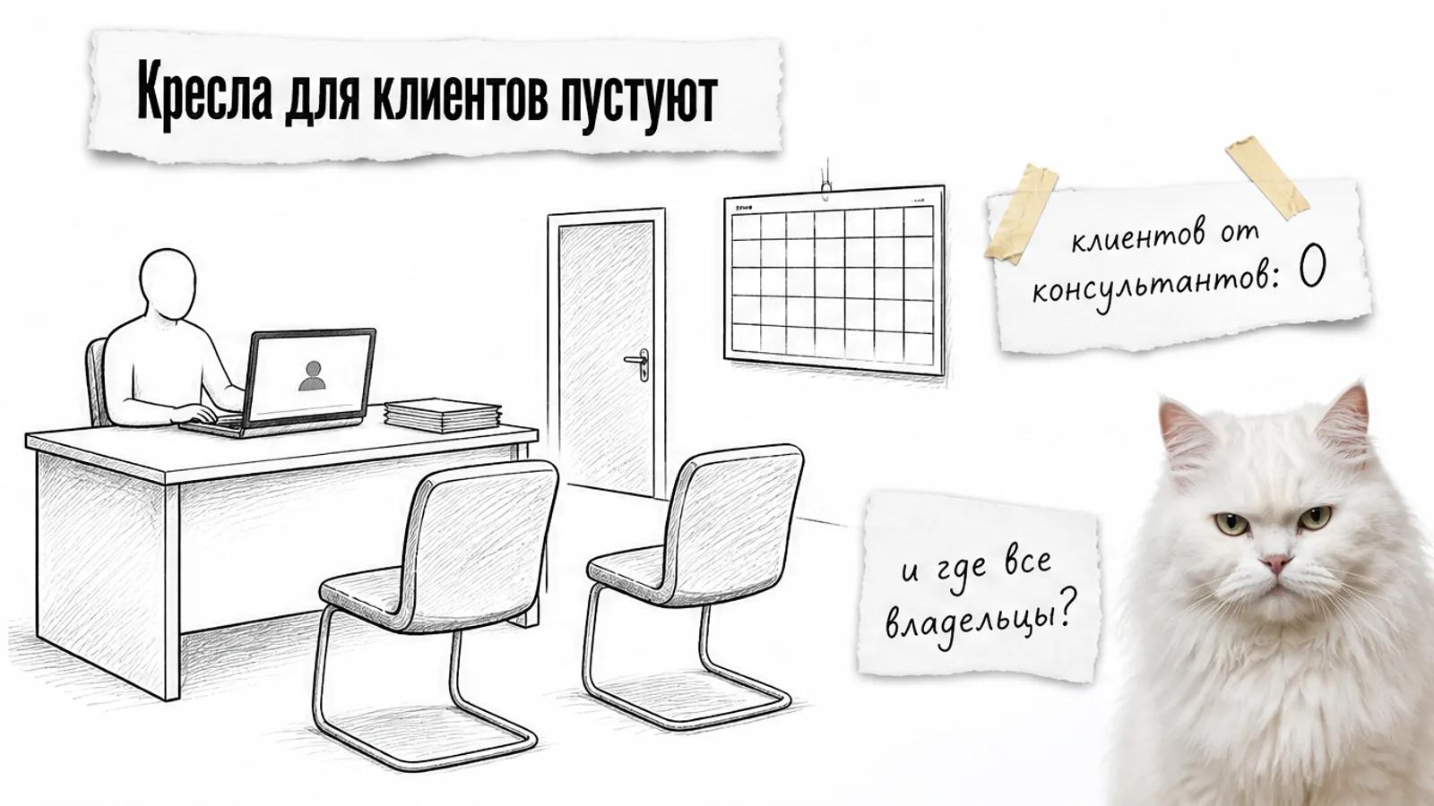 Пустой кабинет кадрового агентства: ноутбук с пустым звонком, свободные кресла и хмурый белый кот