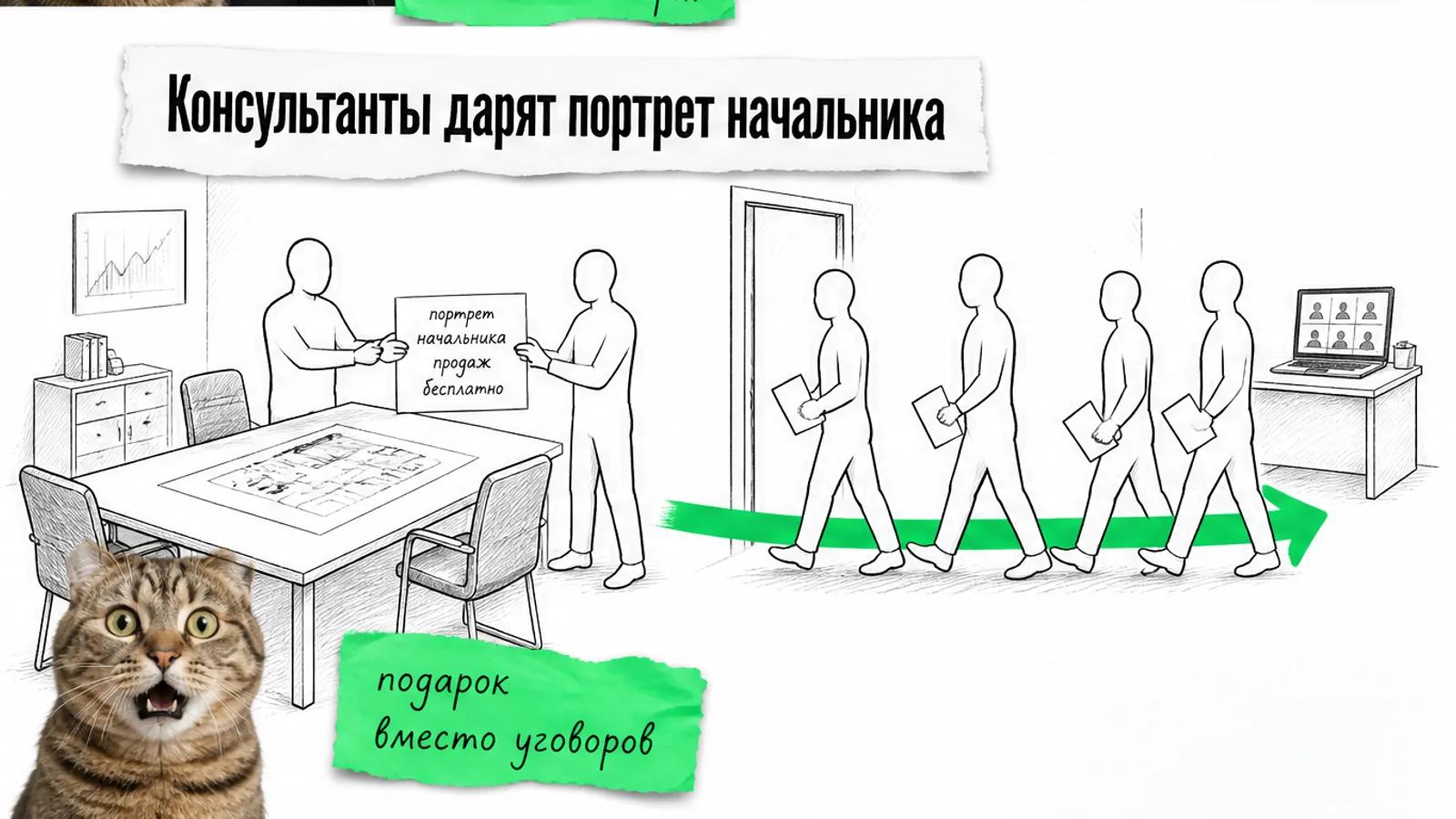 Владельцы с сертификатами идут по зелёной стрелке от консультантов к кадровому агентству, кот ахает