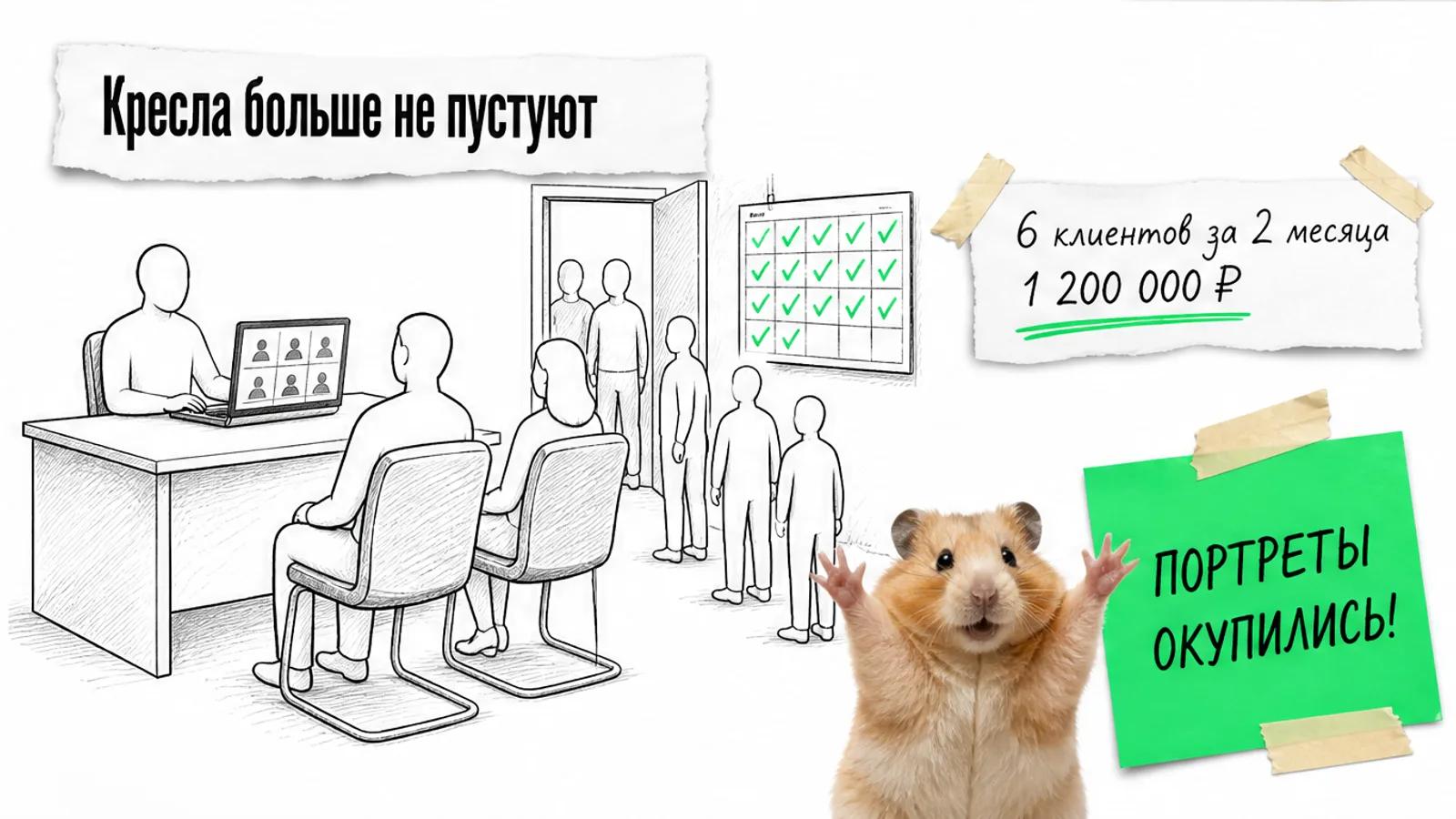 Тот же кабинет полон людей, на карточке 6 клиентов и 1 200 000 ₽, рядом хомяк поднял лапы