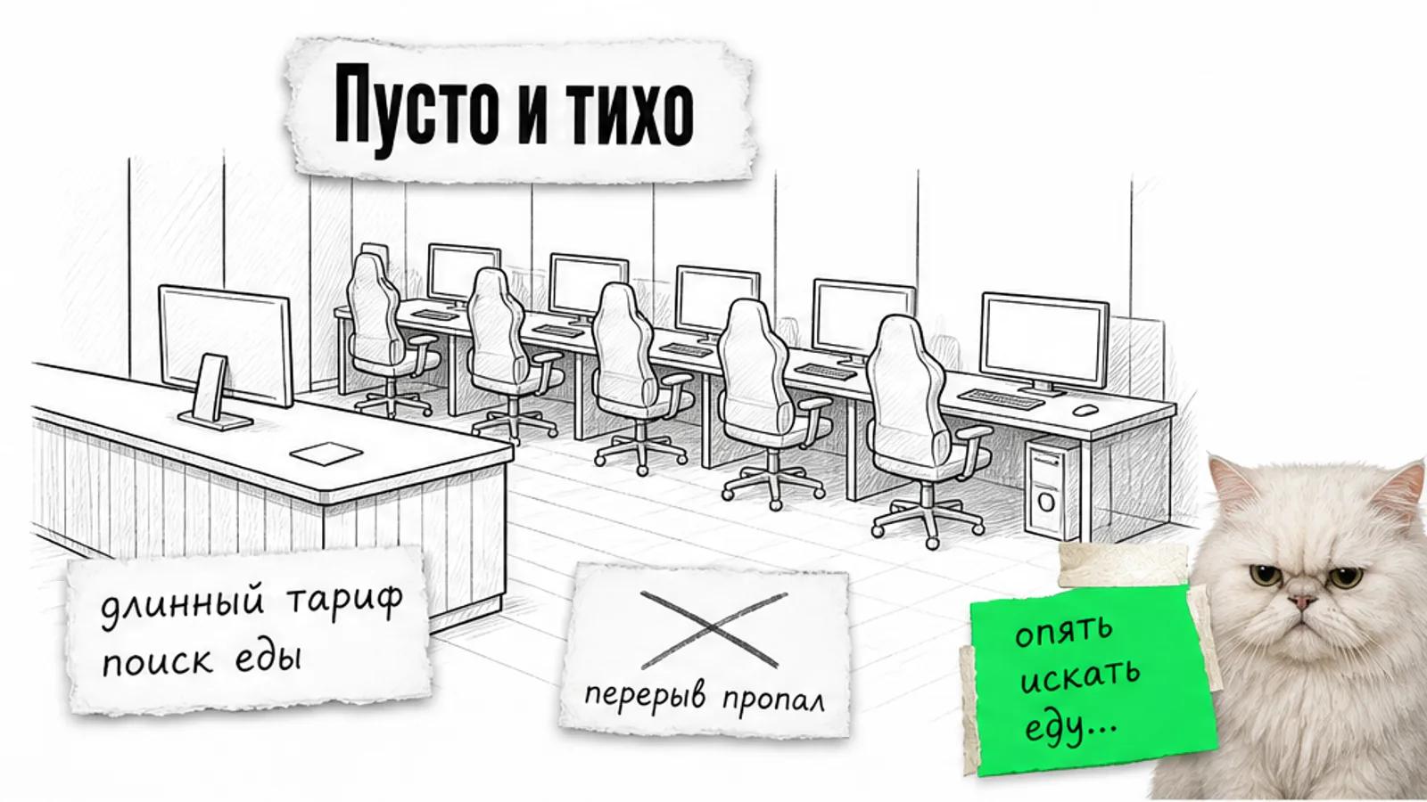 Пустой компьютерный клуб с игровыми местами, один силуэт администратора и скептичный белый кот.