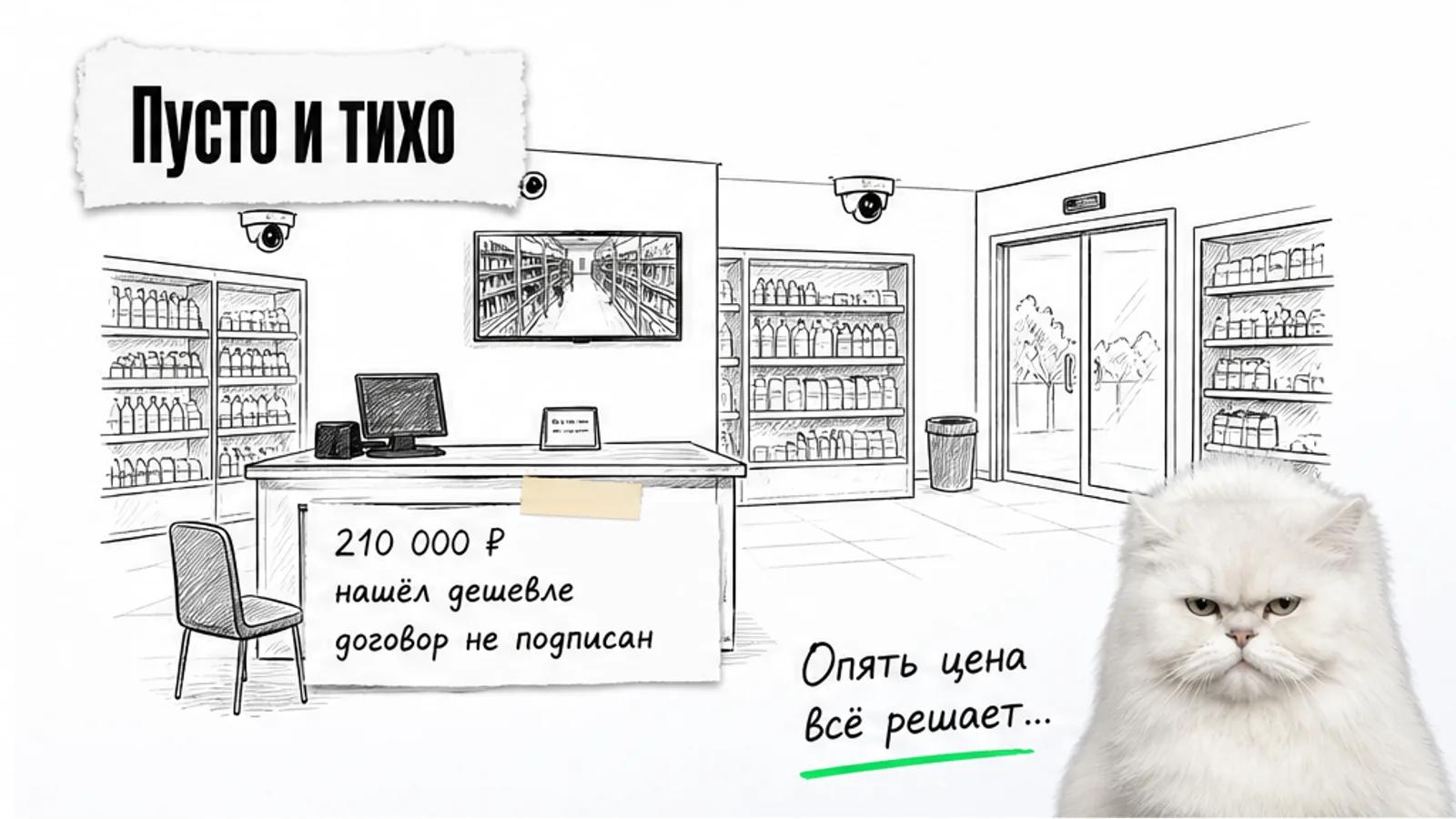 Пустой магазин с кассой, стеллажами и камерами, у стены смета и скептичный кот.