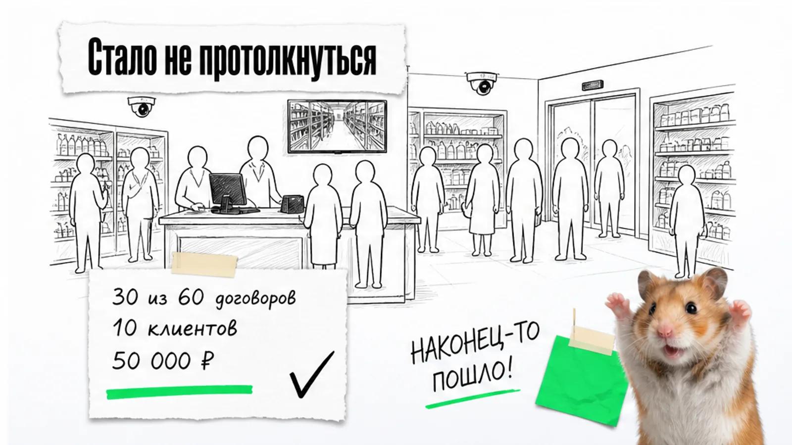 Тот же магазин с той же точки зрения заполнен людьми, рядом карточка с итоговыми числами и торжествующий хомяк.