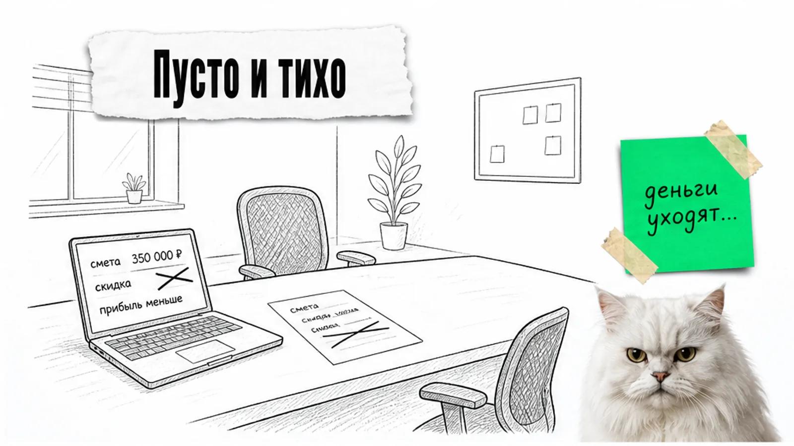 Пустой офис агентства с таблицей сметы, одним силуэтом сотрудника и скептичным котом.