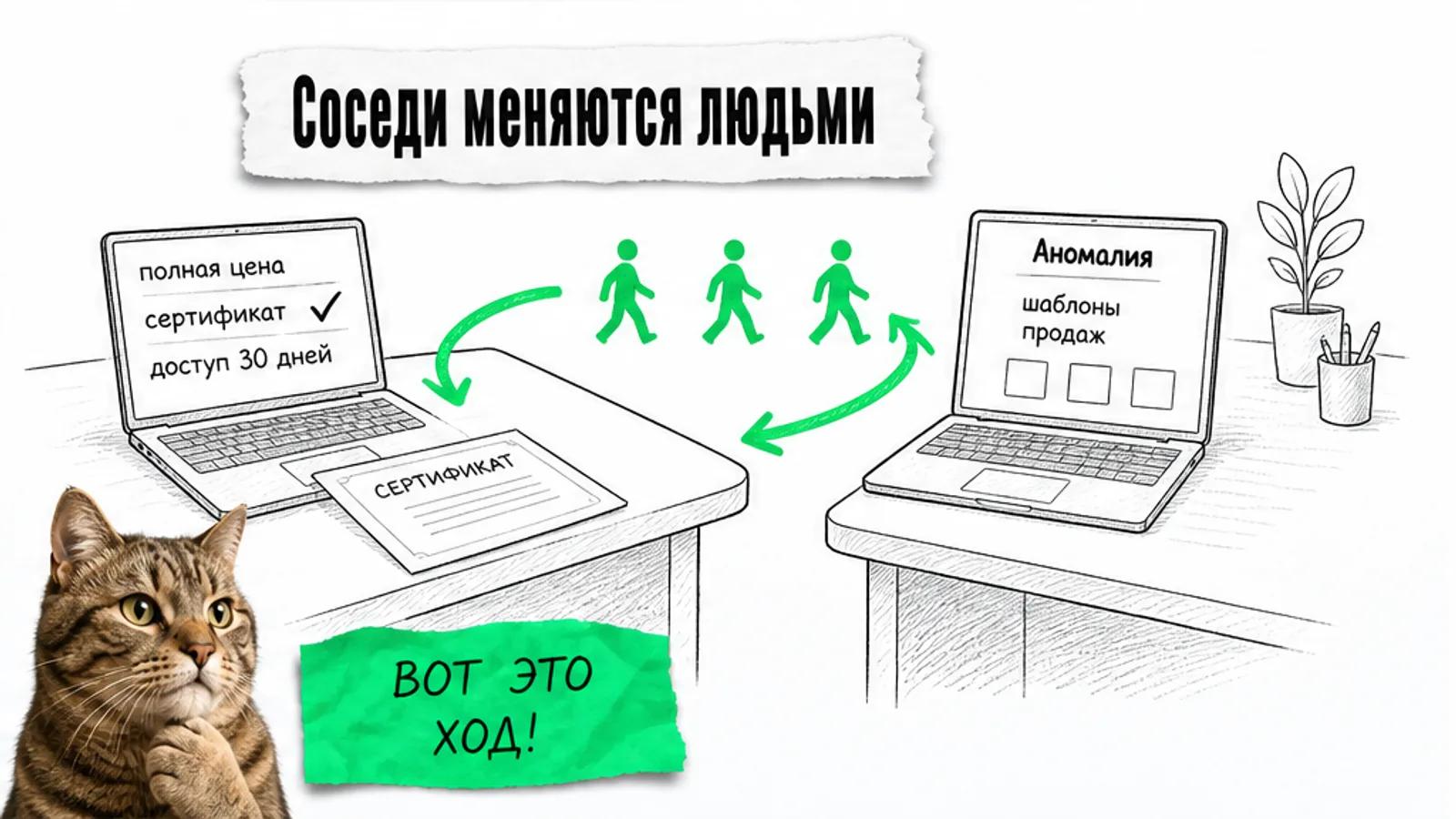Офис агентства и платформа «Аномалия» обмениваются клиентами по зелёной стрелке, рядом задумчивый кот.