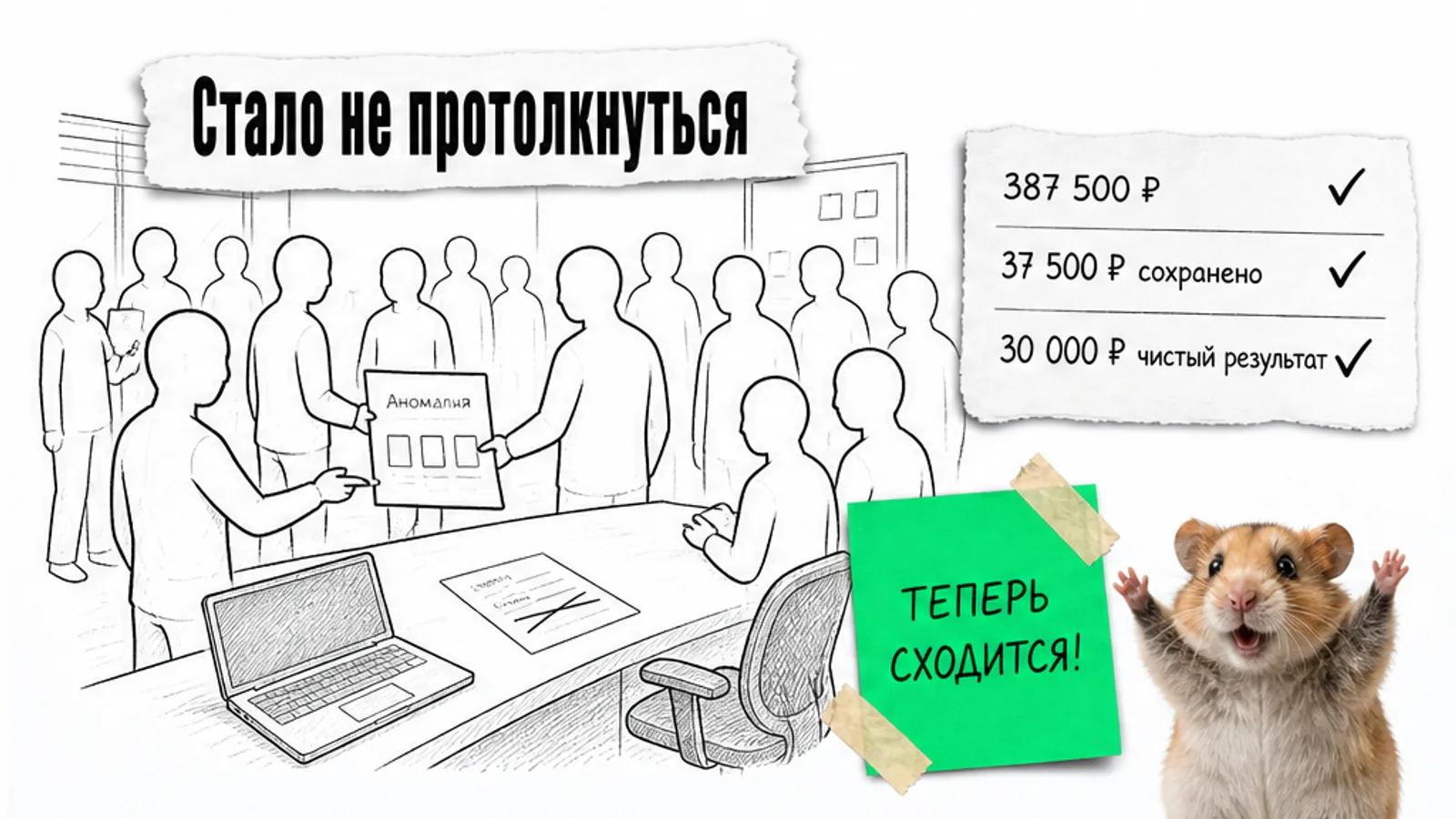Тот же офис заполнен людьми, рядом карточка с выручкой 387 500 ₽ и торжествующий хомяк.