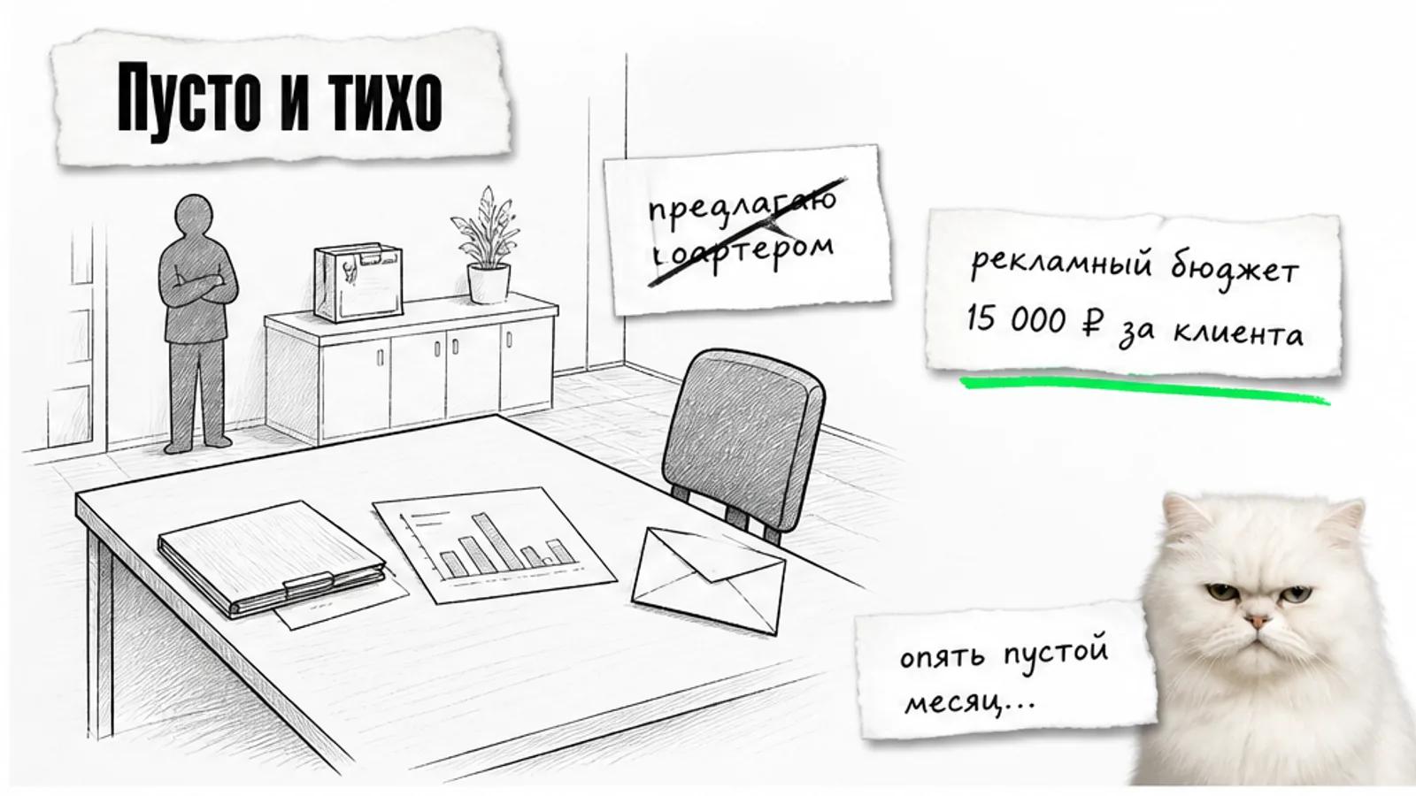 Пустой стол выдачи станка, папка с документами и одинокий силуэт без клиентов.