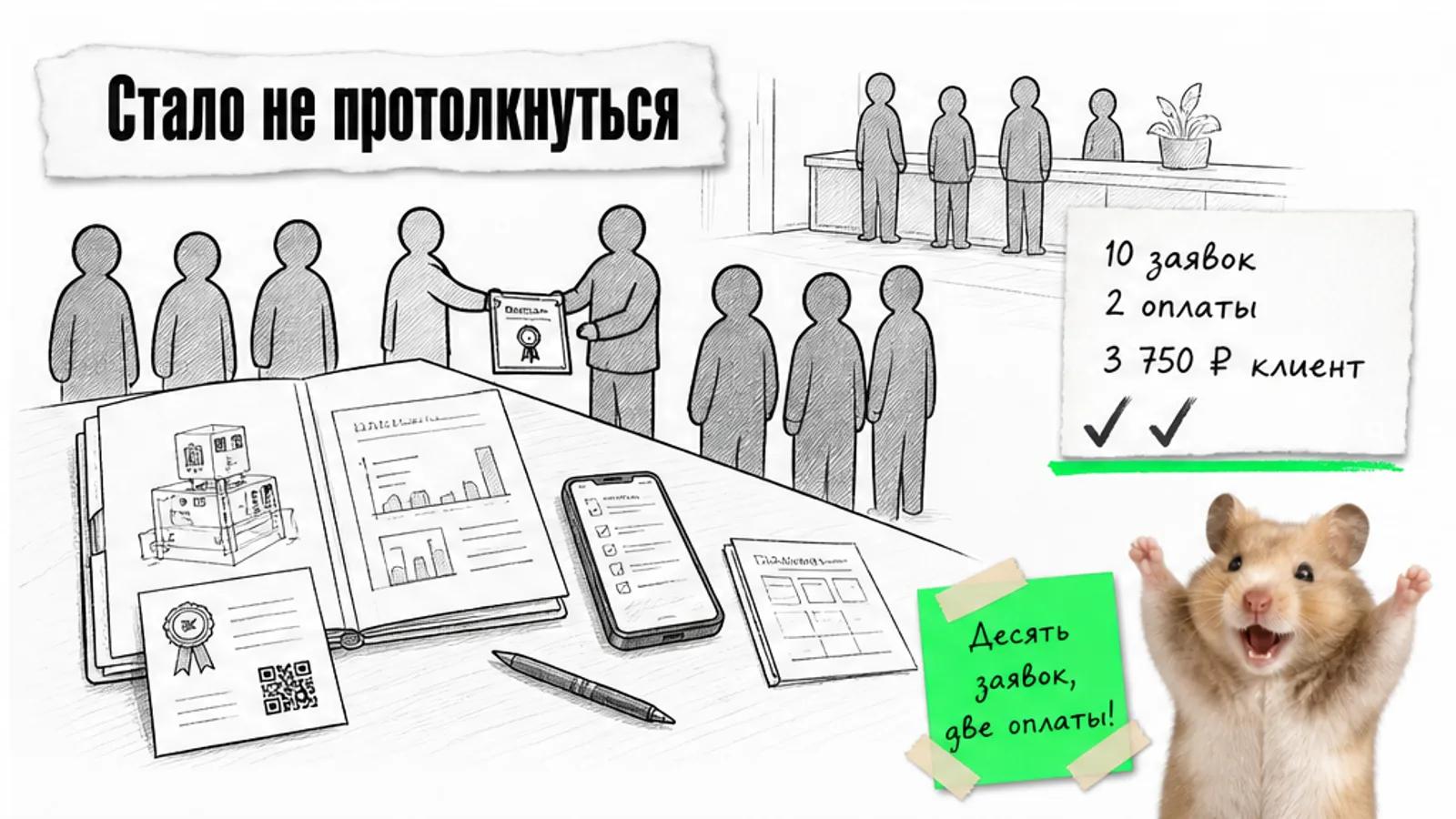 Тот же стол выдачи заполнен людьми, рядом карточка с десятью заявками и двумя оплатами.