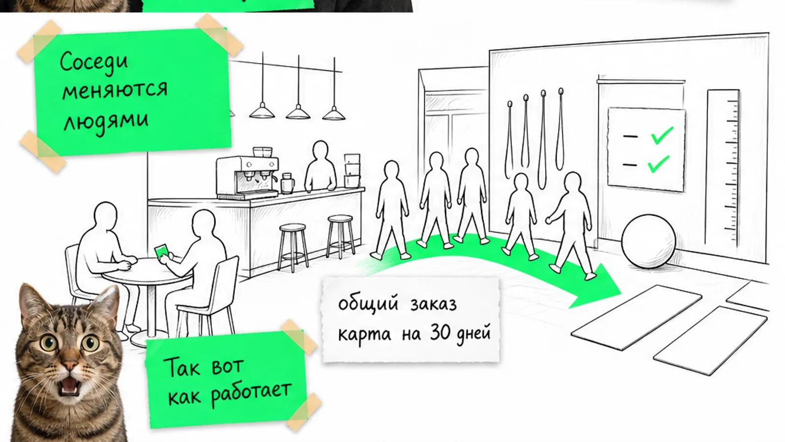 Кофейня и фитнес-студия соединены зелёной стрелкой, между ними идут безликие силуэты людей.