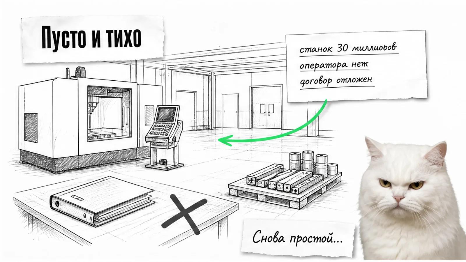 Пустой цех со станком с числовым программным управлением и одной карточкой о страхе простоя