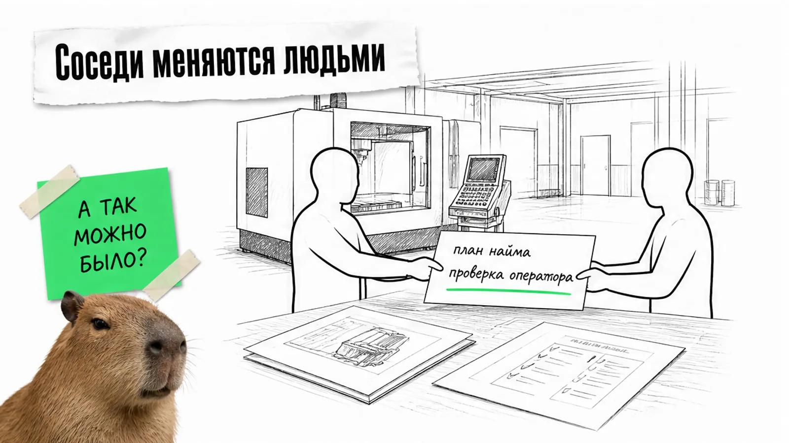 Владелец и специалист соединяют станок с планом найма, между ними идет зеленая стрелка