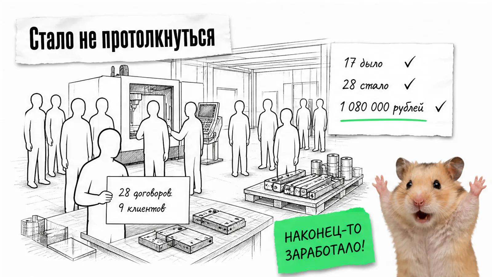 Тот же цех заполнен людьми у станка, рядом показаны 28 договоров и 9 клиентов