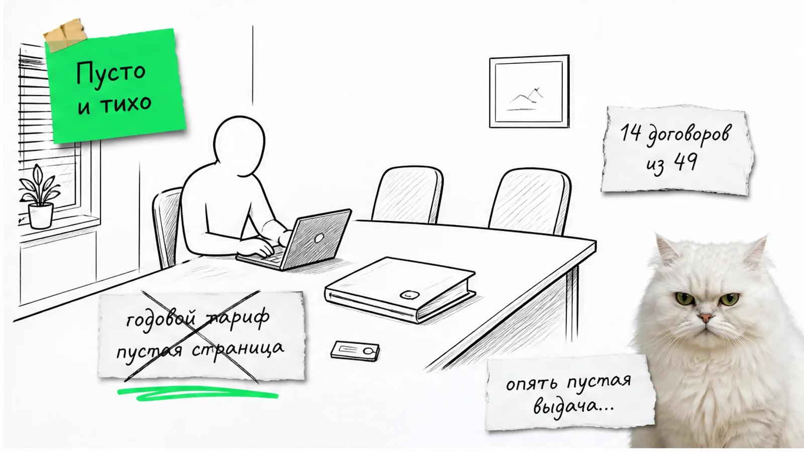 Пустая переговорная удостоверяющего центра с ноутбуком, документами и одним владельцем у стола.