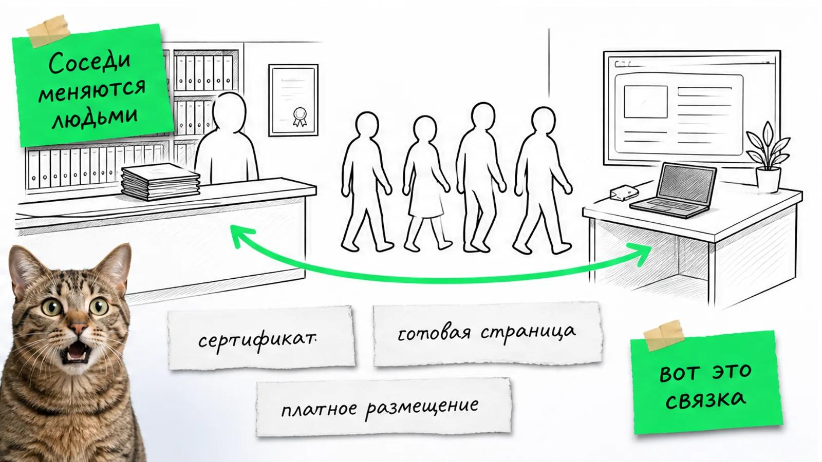 Два соседних бизнеса передают сертификат и клиента по ярко-зелёной стрелке.