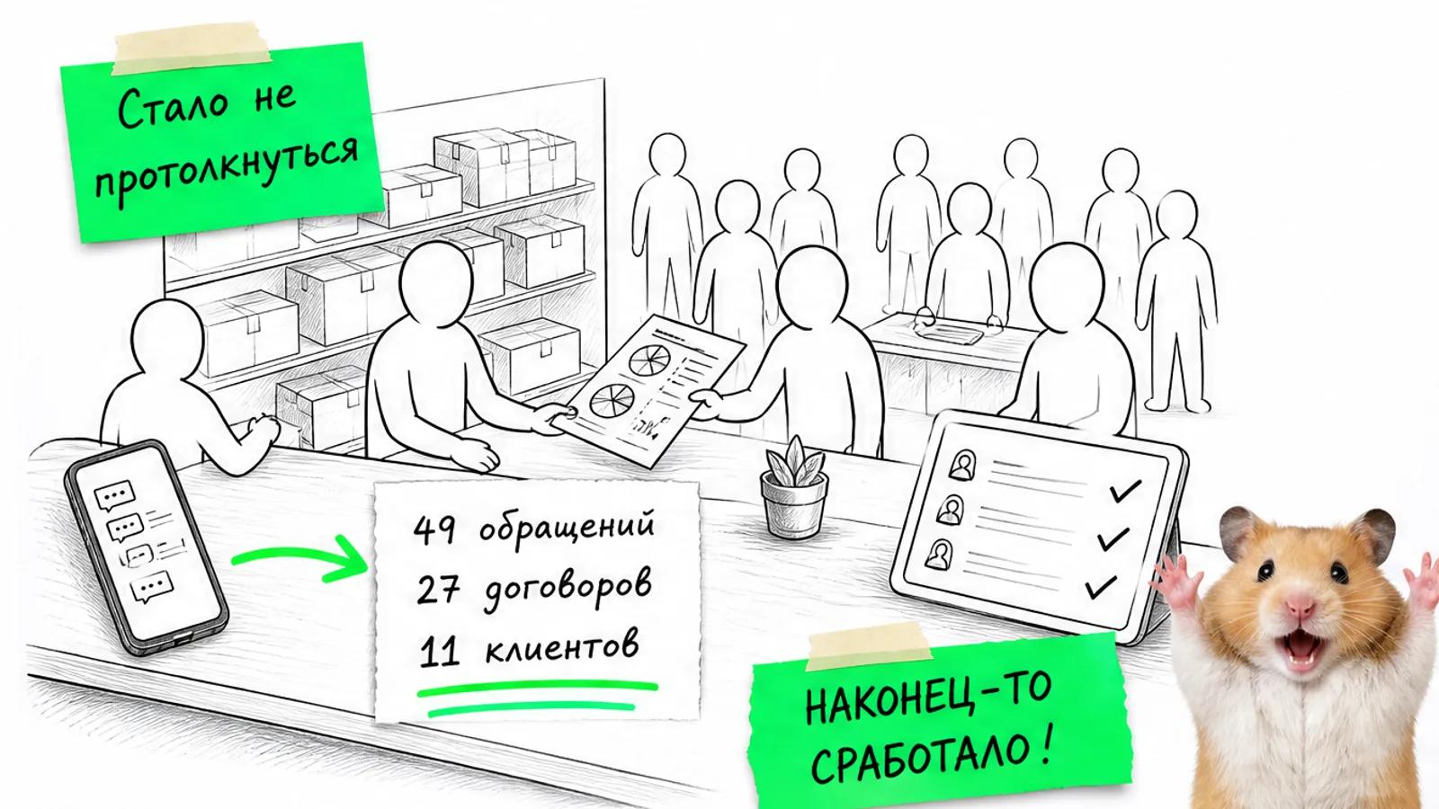 Тот же угол магазина заполнен людьми, рядом хомяк празднует 27 договоров и 11 клиентов