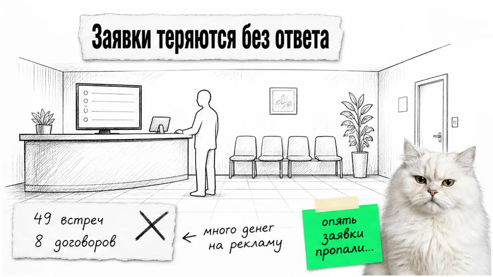 Пустая приёмная клиники, рекламный бюджет и кот со скептическим взглядом.