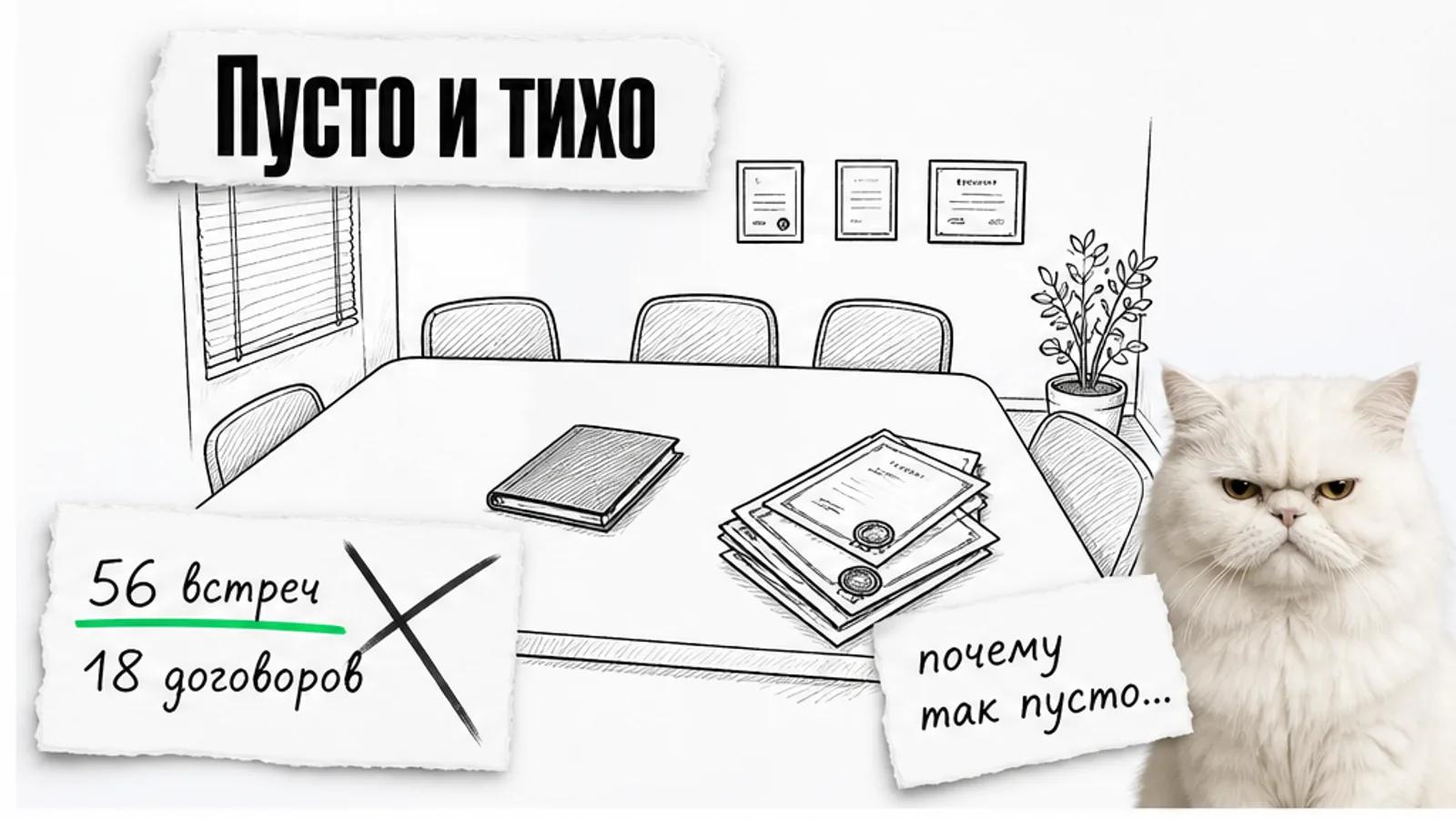 Пустая переговорная учебного центра с сертификатами и папками, рядом настороженный белый кот.