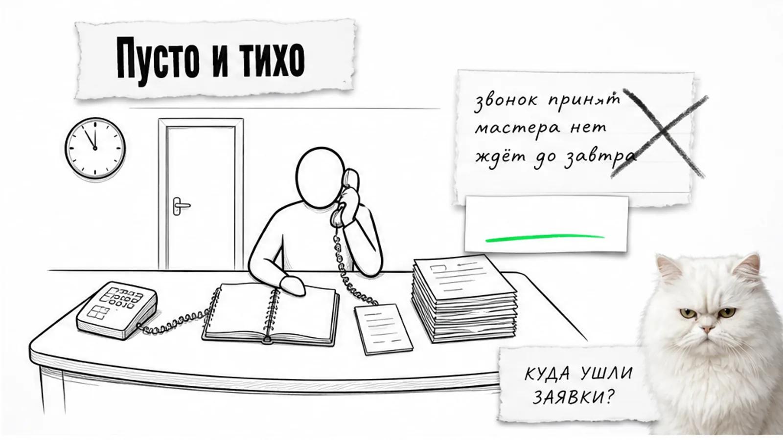 Пустой диспетчерский стол с тетрадью и телефоном, один силуэт и скептичный кот.