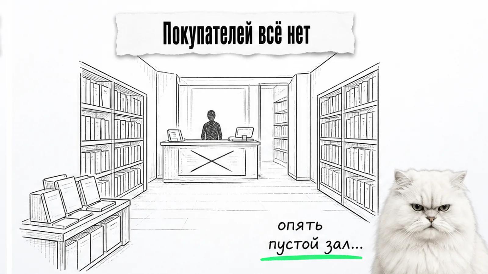 Пустой книжный магазин с одним сотрудником и недовольным котом.