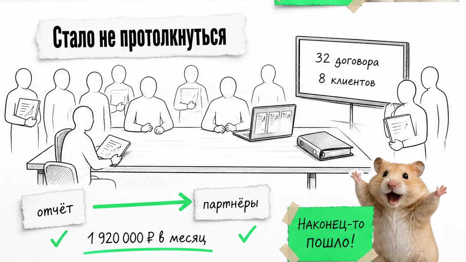 Та же переговорная заполнена людьми, рядом карточки с результатами 32 договоров и 8 клиентов.