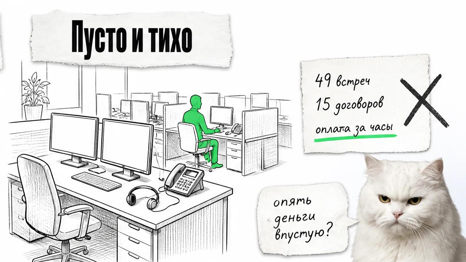 Пустой офис колл-центра с одним силуэтом, расходами и скептичным белым котом.