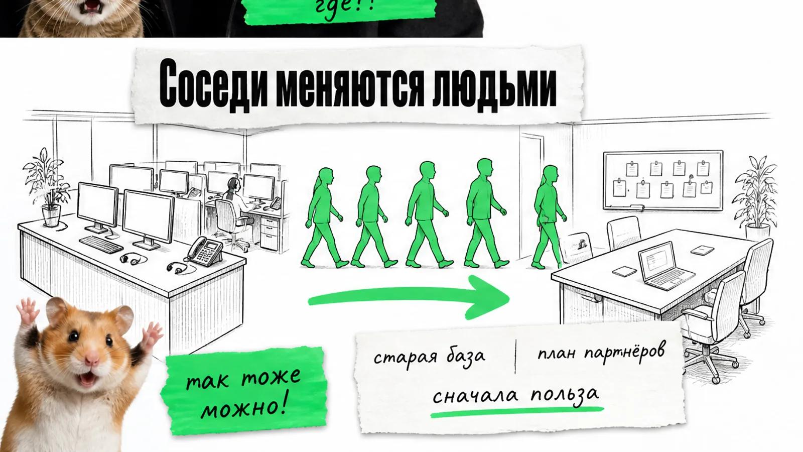 Два соседних офисных пространства соединены зелёной стрелкой, люди переходят между ними, рядом хомяк.