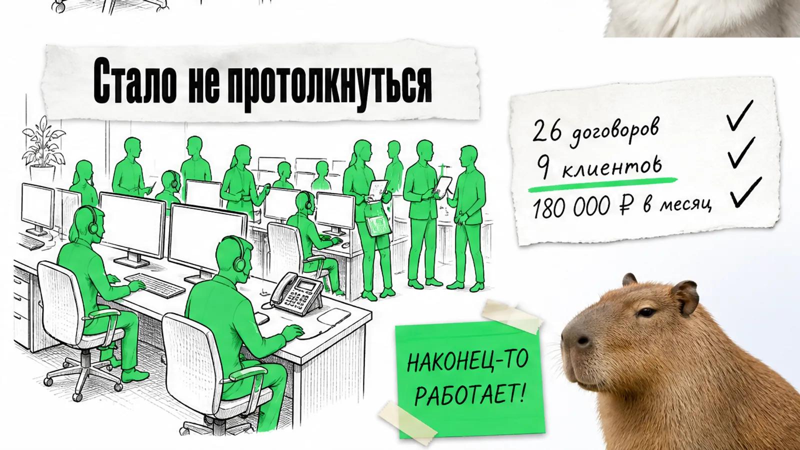 Тот же офис теперь полон людей, рядом крупные цифры результата и торжествующий кот.