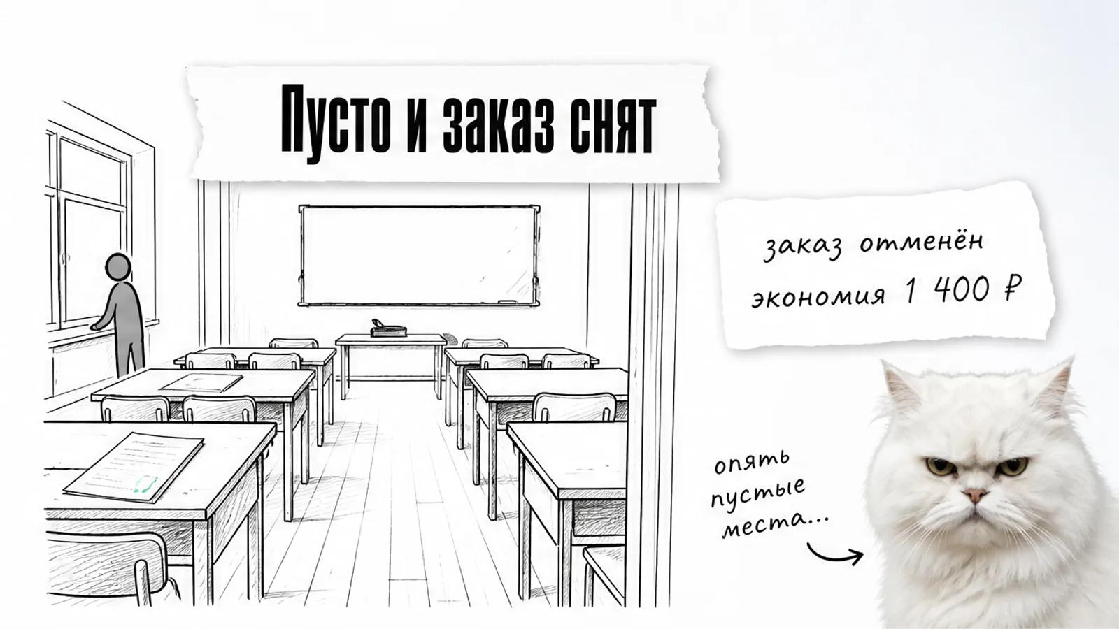 Почти пустой учебный класс с отменённым заказом и скептически настроенным котом.