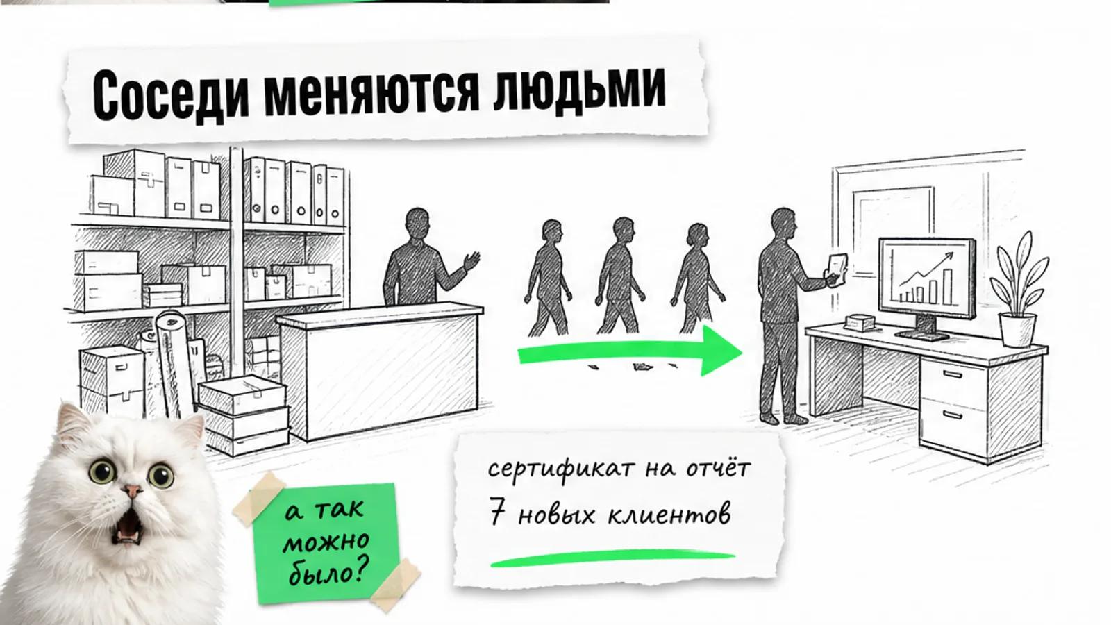 Два соседних бизнеса обмениваются клиентами по ярко-зелёной стрелке, рядом удивлённый кот.