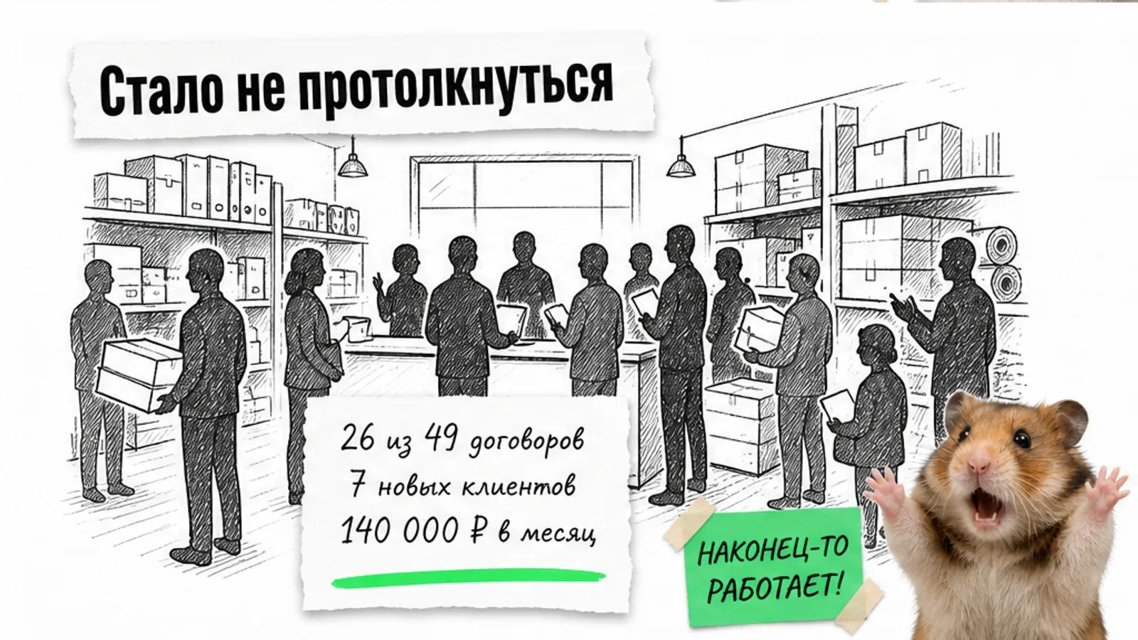Тот же магазин заполнен покупателями, рядом хомяк с поднятыми лапами и числа результата.